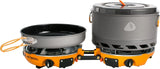 Backpack camping cooking equipment system, including camping cookware, suitable for backpacking and camping use.