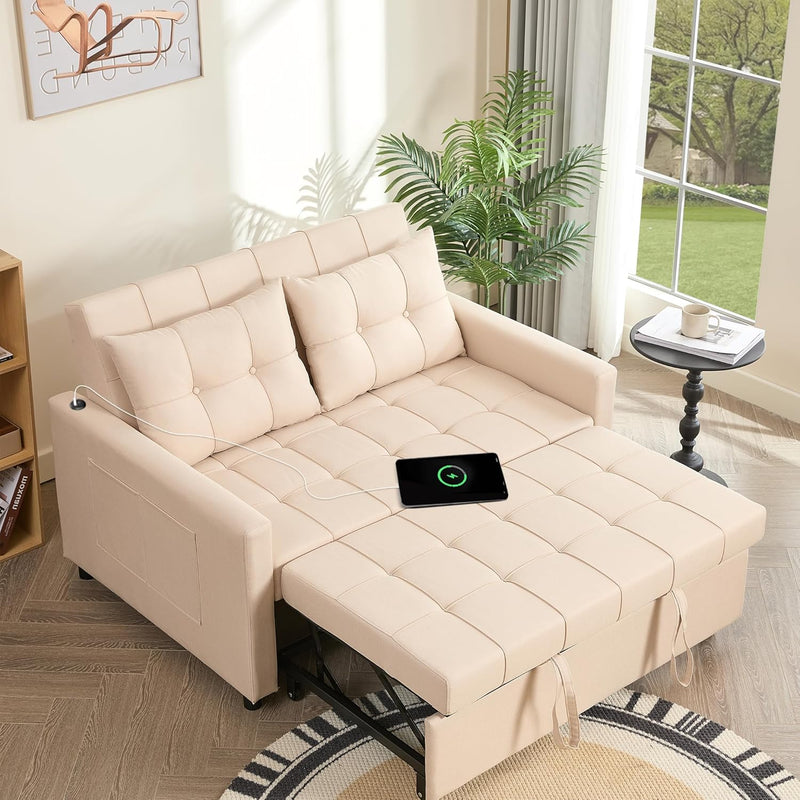 52" Sleeper Sofa with Pull-Out Bed, 3-in-1 Convertible Sofa Bed, Loveseat with Adjustable Backrest and Side Pocket, Room Apartment, Linen, Dark Grey H1142