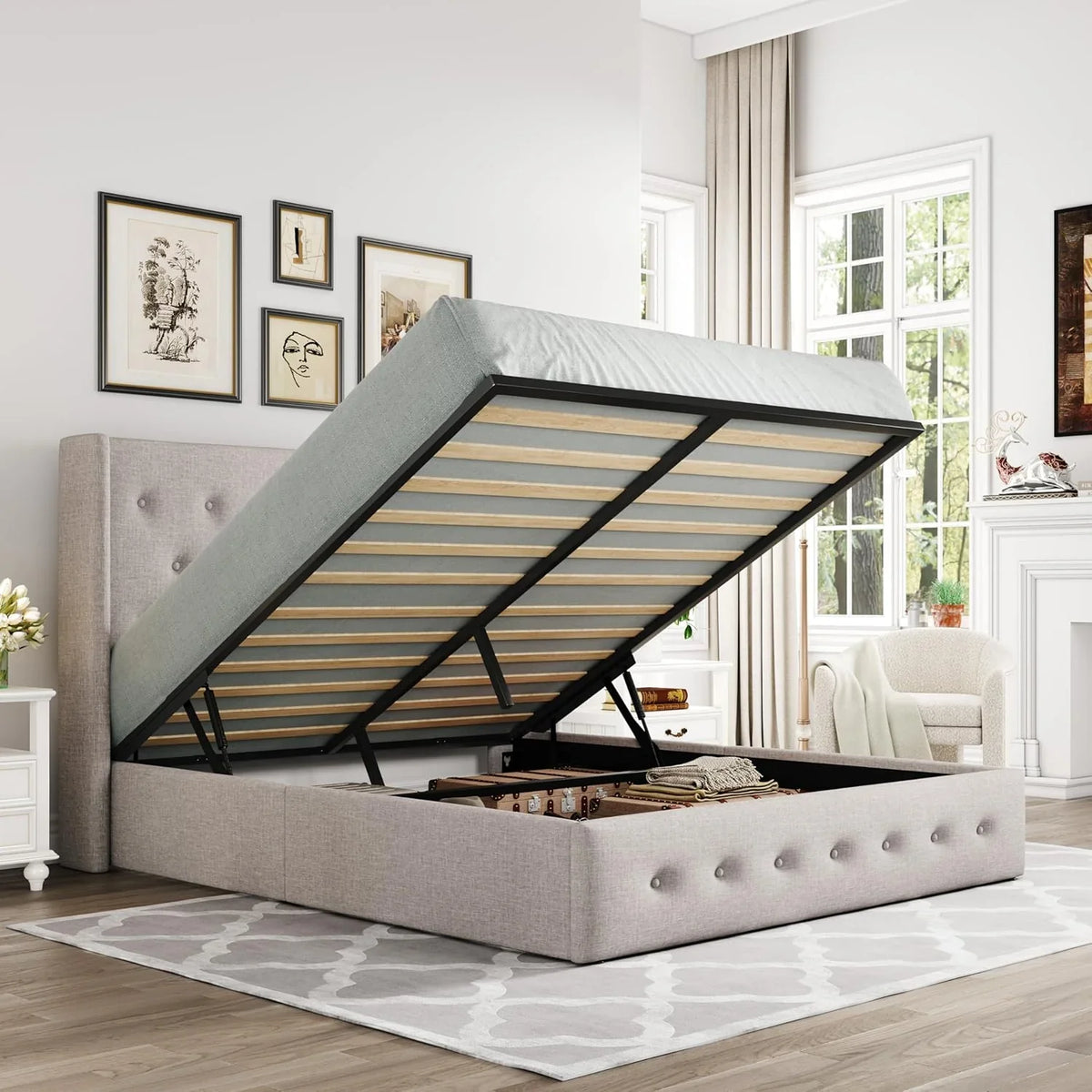 Queen Size Lift Up Storage Bed, Modern Wingback Headboard, Hydraulic Support, No Box Spring Needed, Light Beige