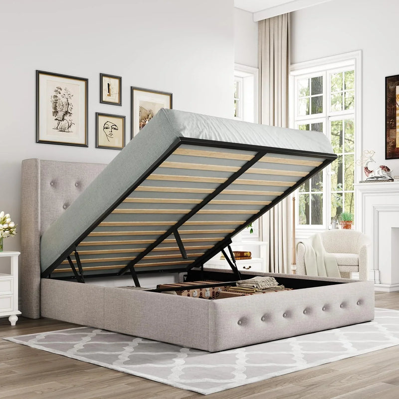Queen Size Lift Up Storage Bed, Modern Wingback Headboard, Hydraulic Support, No Box Spring Needed, Light Beige Y2898