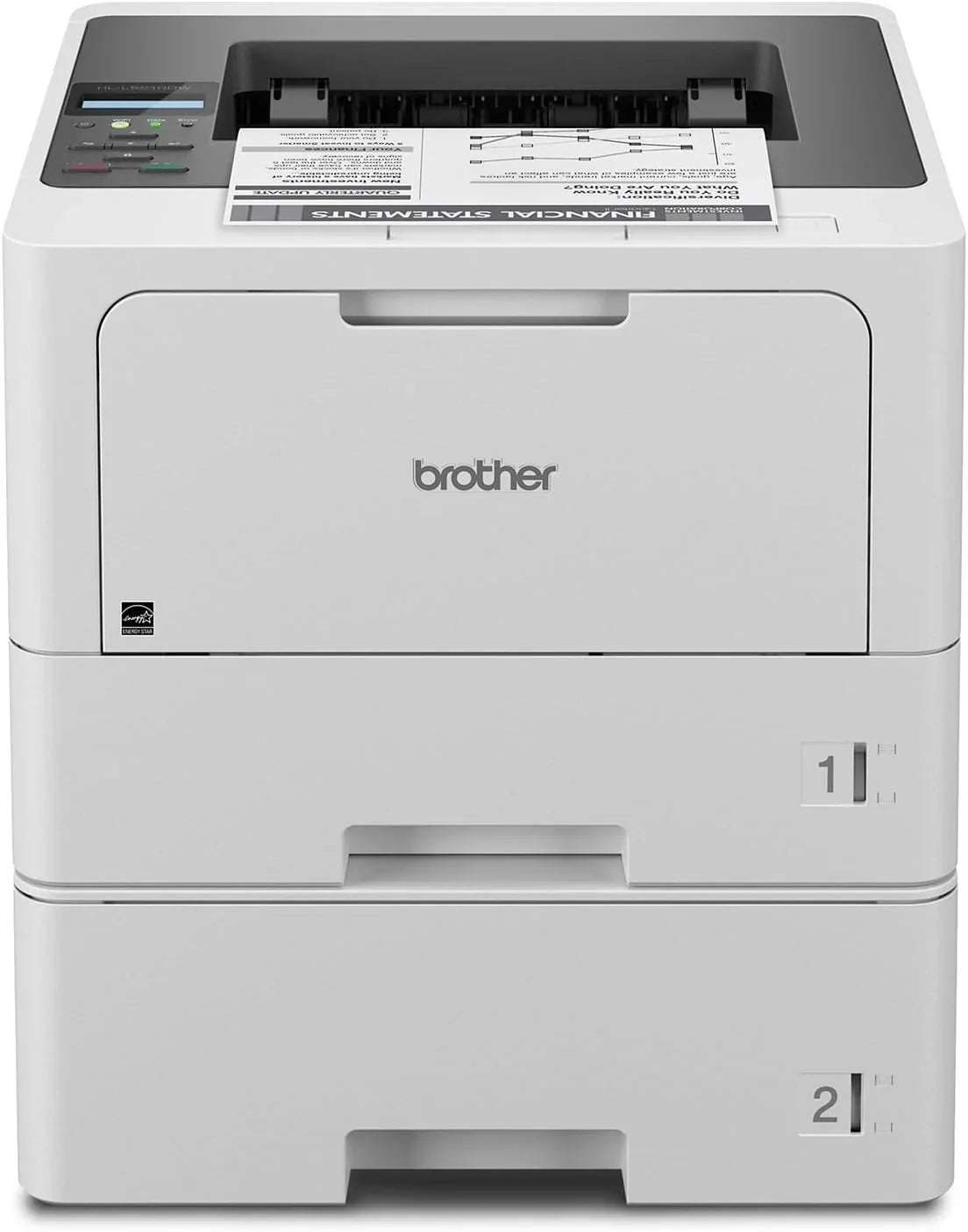 Business single-color laser printer, equipped with dual paper trays, wireless network and gigabit Ethernet connection, double-sided printing, large-capacity paper storage and mobile printing function, white model