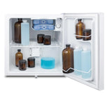 Compact refrigerator freezer, suitable for general use, with a white appearance, equipped with a NIST calibrated thermometer, manual defrosting device, hospital-grade power cord and front locking mechanism.
