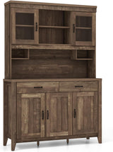 78.5-inch high kitchen cabinet storage unit, large storage cabinet with glass doors, equipped with drawers and adjustable shelves. The wooden kitchen storage unit has a microwave shelf, suitable for a home coffee bar.
