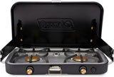 The 1900 series three-in-one propane camping stove, featuring a cast iron grill and frying pan accessories, has a power output of 24000 watts. It is equipped with an adjustable flame cover and excellent lighting device, and comes with two adjustable