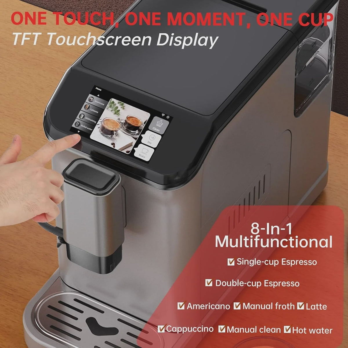 Full Automatic Espresso Machine with Built-In Grinder & Milk Frother - FTF Touchscreen Coffee Maker for Latte/Cappuccino, 20 Bar Pressur & 1.5L...
