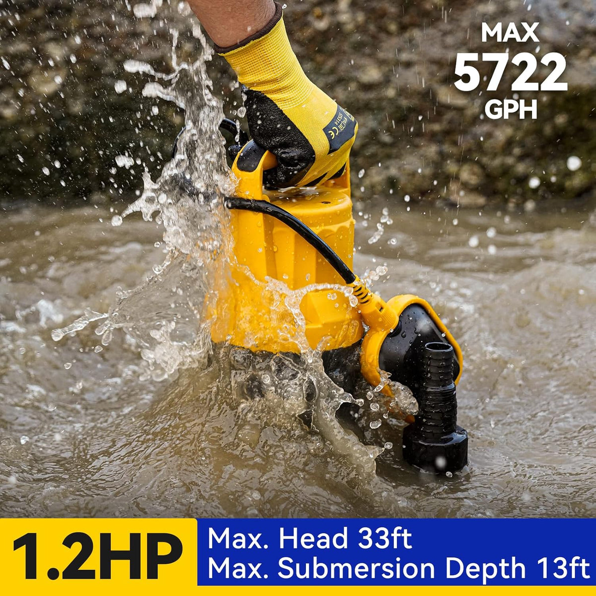 3/4HP Submersible Sewage Effluent Pump, Cast Iron, 115V 6400 GPH Automatic Tethered Float Switch, Sump Pump for Sump Basin, Basement, Residential Sewage, 2'' NPT Discharge