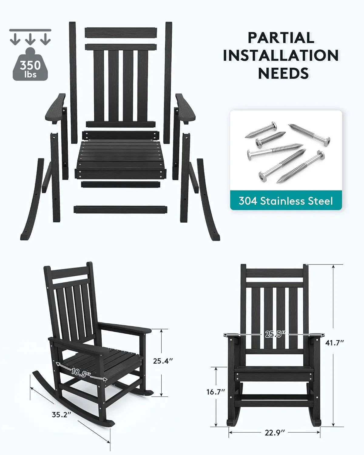 Outdoor Rocking Chair, HDPE Rocking Chair for Adults, All Weather Porch Rockers for Lawn Garden, White