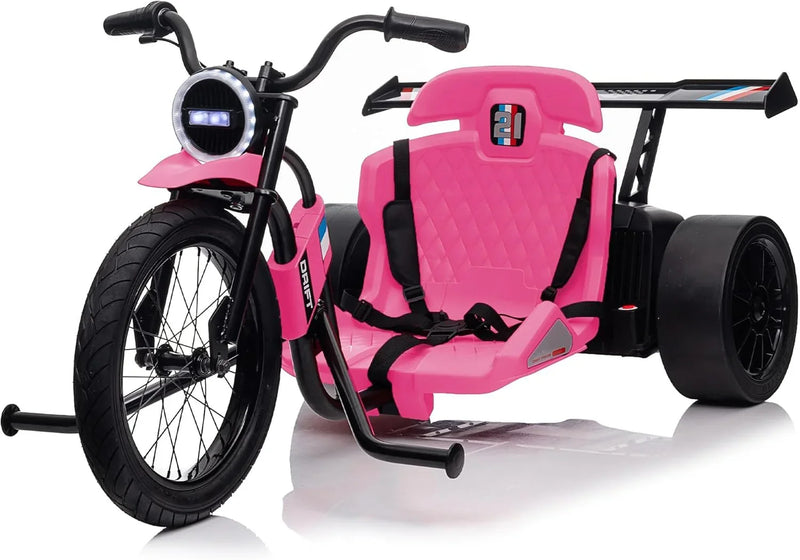 Children's electric drift tricycle, three-wheel electric drifting bicycle, equipped with LED lights, 16-inch inflatable tires, battery-powered, suitable for boys and girls aged 8 and above, outdoor electric driving vehicle (black) D1828