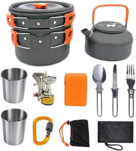 Camping cooking set - picnic cooking pot set - outdoor hiking and barbecue tableware set - camping travel supplies set including frying pan, water jug and stove