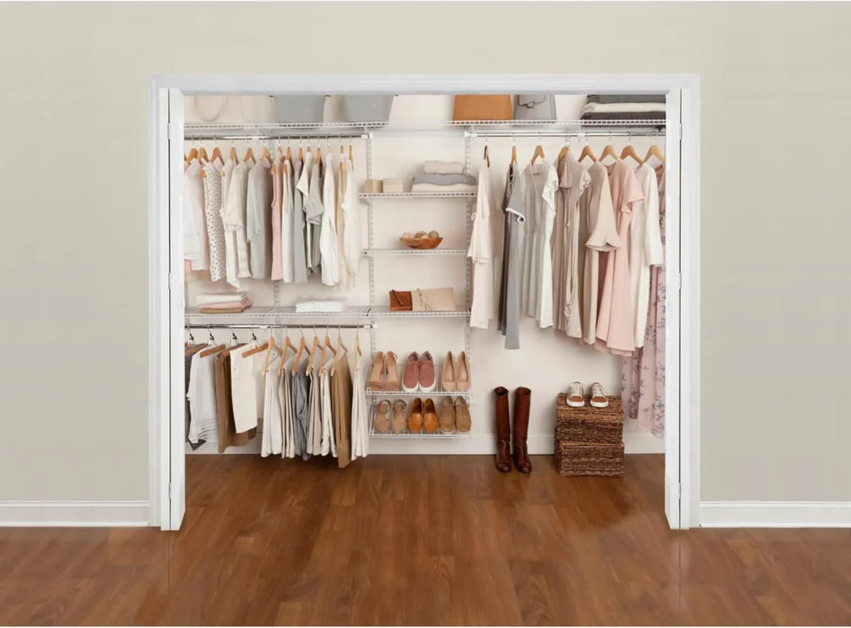 Configurations Custom Closet Kit 4-8 Ft. Adjustable Metal Wire Shelving White Finish Expandable Organization System Hardware Included for Home Closet/Pantry/Laundry/Mudroom