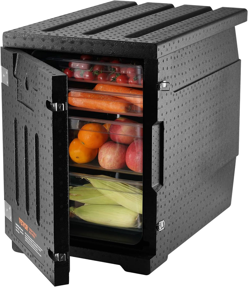 Food tray transportation box, 95-gallon insulated box for the catering industry, LLDPE food tray box with double clasps, front-mounted food heater with handle, suitable for stacking end loaders in restaurants, canteens, etc. black V3477