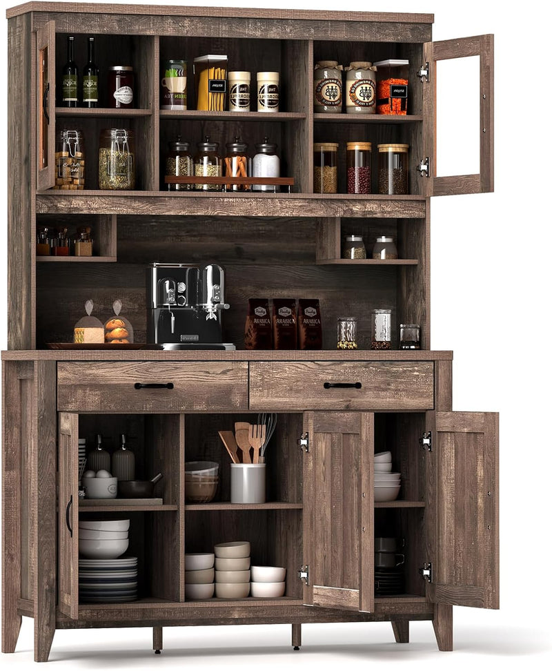78.5-inch high kitchen cabinet storage unit, large storage cabinet with glass doors, equipped with drawers and adjustable shelves. The wooden kitchen storage unit has a microwave shelf, suitable for a home coffee bar. C5641