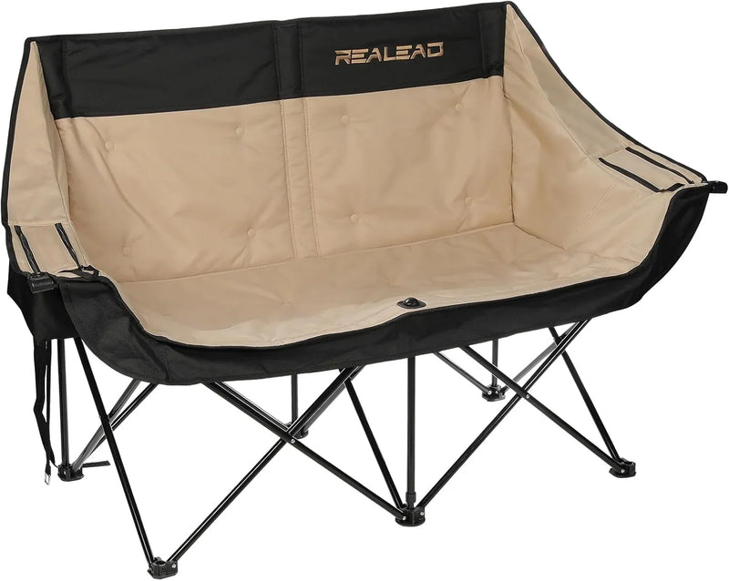 Double camping chair - Large-sized adult camping couple seat cushion suitable for two people. 650 pounds load-bearing capacity - Heavy-duty foldable camping chair, equipped with a cooling bag, suitable for outdoor activities and beach use. D2562