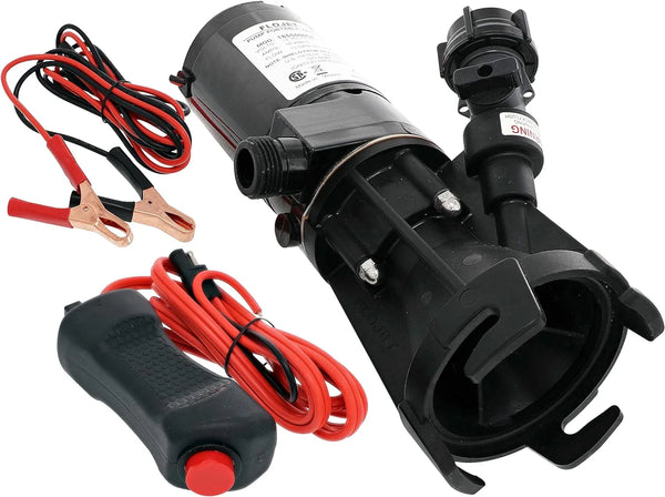 18555-000A - 12V DC waste pump, suitable for camper vans / motorhomes - Can empty a 40-gallon water tank in 5 minutes - Output flow rate 9 gallons per minute - 3/4 inch garden hose interface - Stainless steel grinder, self-priming, remote switch G8885