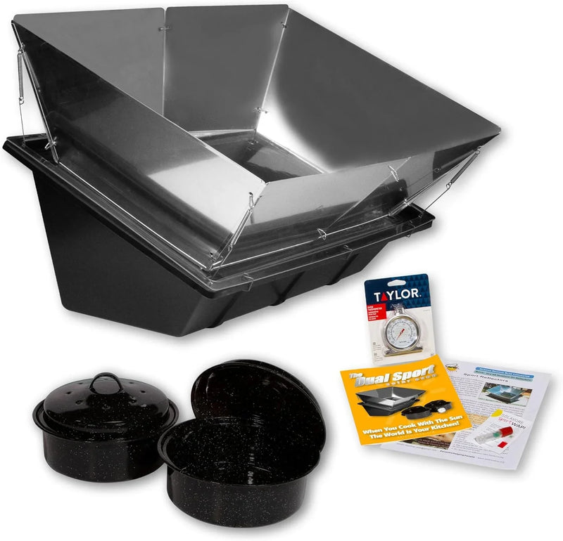 Dual Sport Solar Oven, Black, Portable Outdoor Cooking System with Reflectors, 27x17x12 Inch, 6.8 Qt Capacity, Includes 2 Pots, Thermometer, Wapi, Cookbook, and Instruction Manual F959