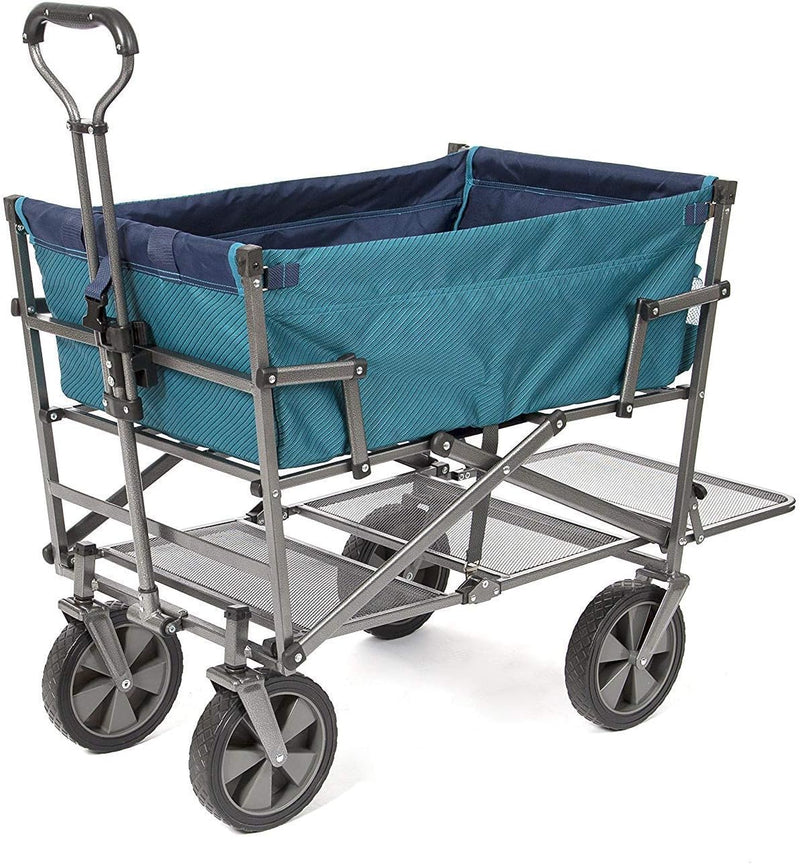 A foldable double-layer outdoor multi-functional truck, equipped with a long lower shelf, in blue-green color. U4566
