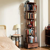 Solid wood rotating bookshelf, 360° display cabinet, with 1 drawer, rotating bookshelf tower with wheels, 72-inch high bookcase suitable for small spaces, rotating bookshelf for home office, walnut finish