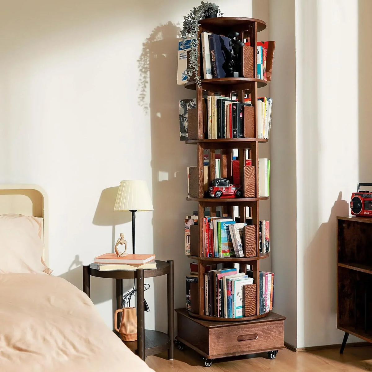 Solid wood rotating bookshelf, 360° display cabinet, with 1 drawer, rotating bookshelf tower with wheels, 72-inch high bookcase suitable for small spaces, rotating bookshelf for home office, walnut finish