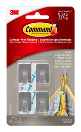 Command Small Stainless Steel Metal Hooks with Adhesive Strips, Silver, 0.5-lbs, 4 Strips per Pack