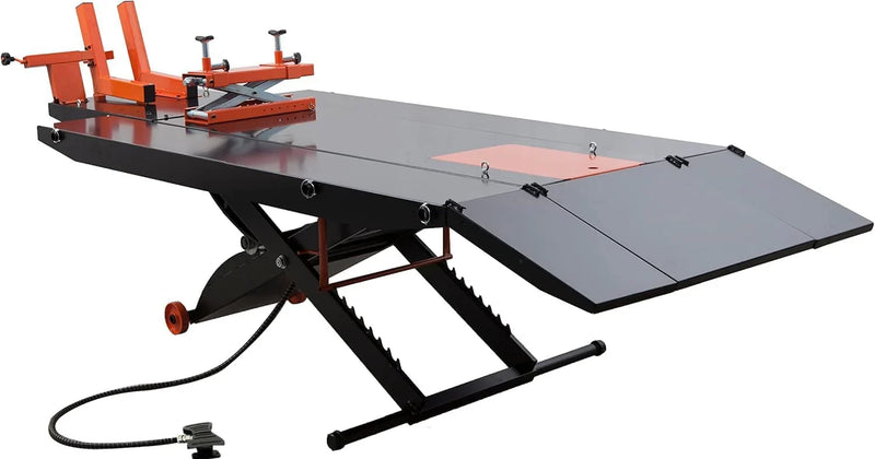 1500LB Air-Operated Motorcycle & ATV Lift Table – 48" Wide with Side Extensions, 2-Year Warranty F8016
