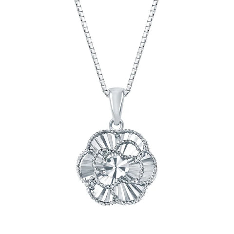 Diamond Cut Floral Pendant in White Gold