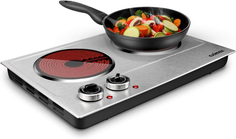 Hot Plate,1800W Ceramic Electric Hot Plate for Cooking, Dual Control Infrared Cooktop, Portable Countertop Burner, Glass Plate Electric Cooktop, Silver, Stainless Steel Z351