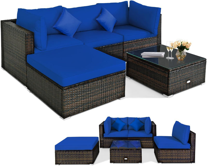 5 pieces of outdoor patio furniture, L-shaped rattan three-seater sofa with tempered glass coffee table, footstool, 3 single chairs, rattan outdoor party set, suitable for backyard, porch, balcony, black version B1824