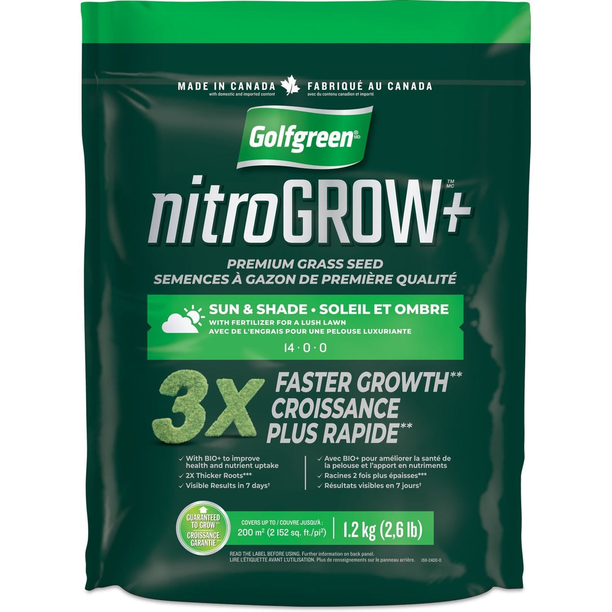 Nitrogrow+ Premium Nitrogen Enriched Sun and Shade Grass Seed with Fertilizer, 14-0-0, 1.2kg
