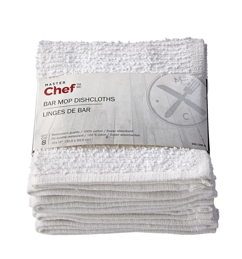 Terry Cotton Bar Mop Dishcloths, Reusable, 12-in x 12-in, 8-pk, White P5332