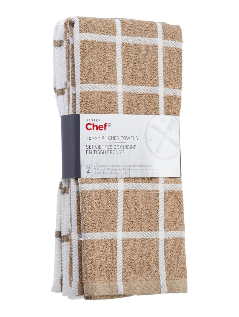 Terry Cotton Checkered Kitchen Towels, Reusable, 16-in x 26-in, 4-pk, Brown/White G6524