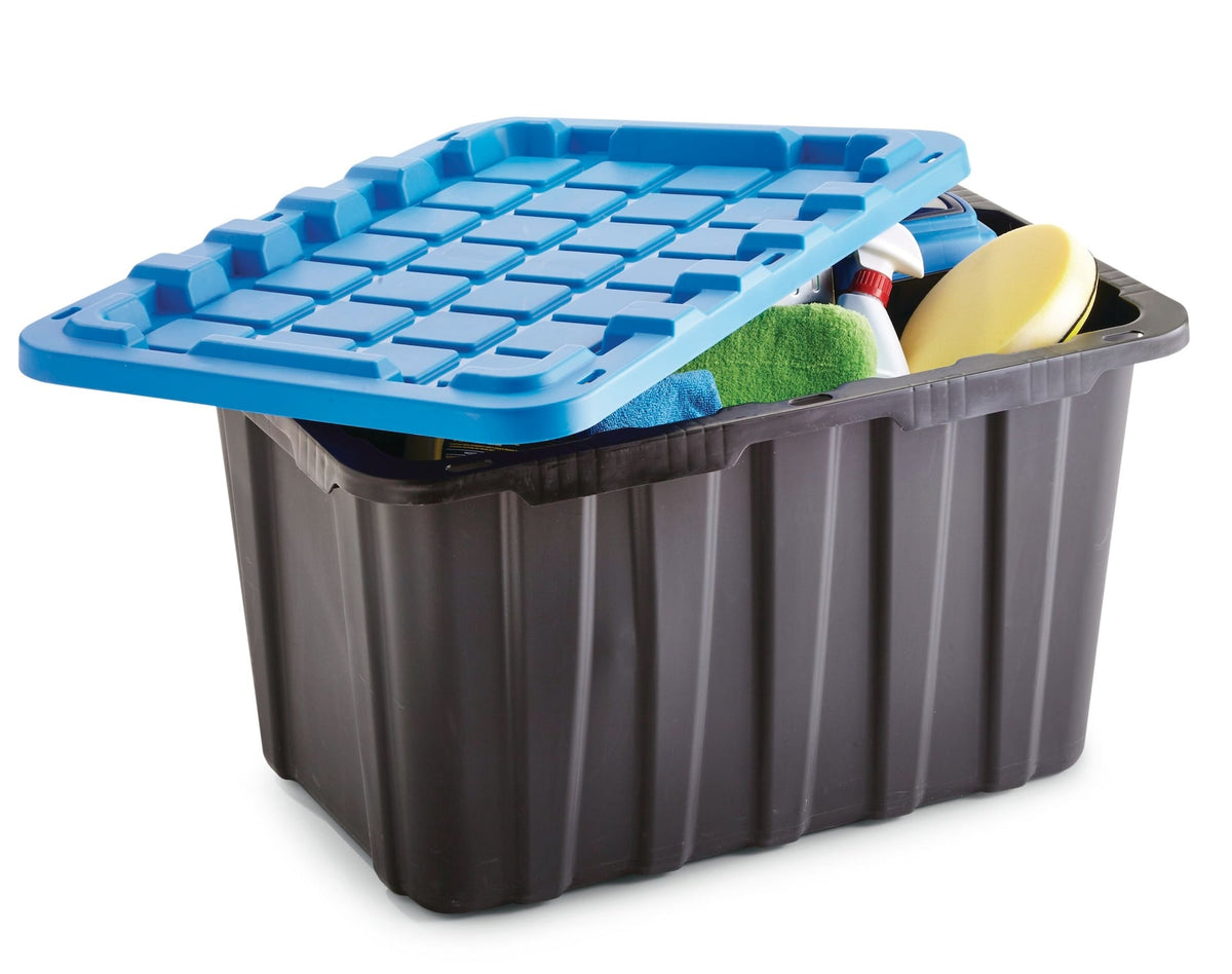 Heavy Duty Stackable Storage Box with Lid, 102-L, Black/Blue