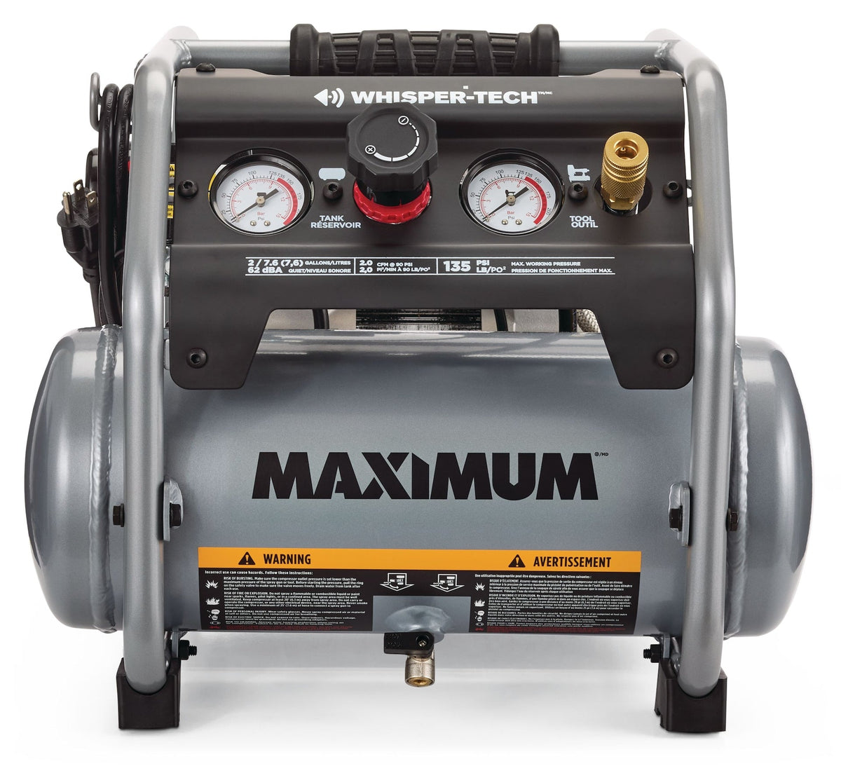 MAXIMUM 2-Gallon Quiet Air Compressor, 135 PSI, 1 HP