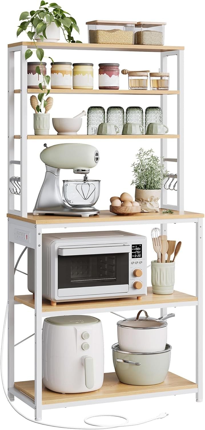 Home Oak/White Baker's Rack with 4 AC Outlets
