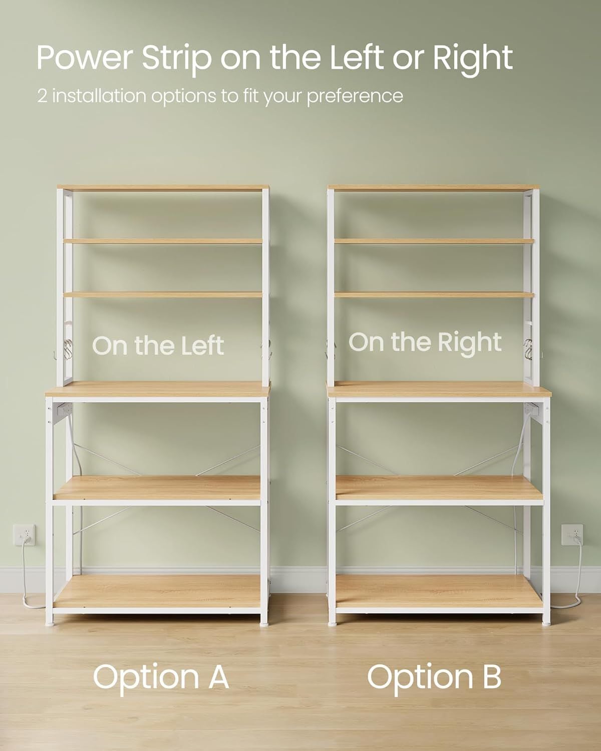Home Oak/White Baker's Rack with 4 AC Outlets