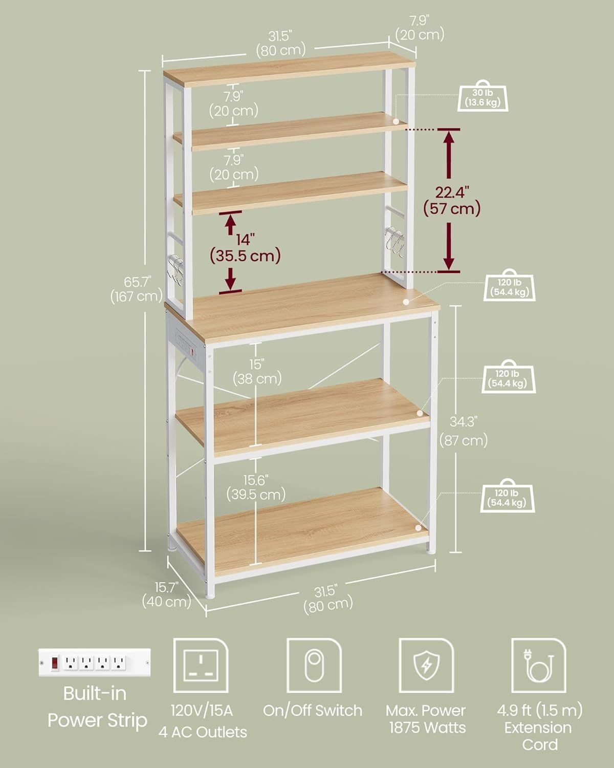Home Oak/White Baker's Rack with 4 AC Outlets