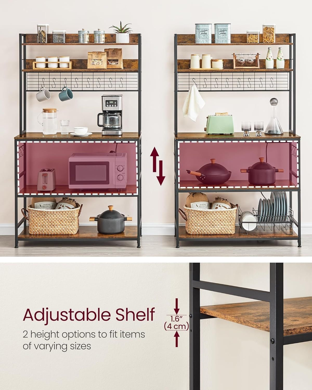 Home Rustic Brown Baker's Rack with 4 AC Outlets