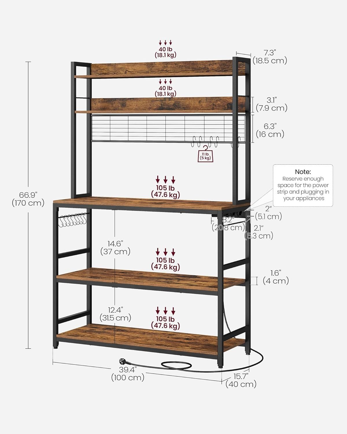 Home Rustic Brown Baker's Rack with 4 AC Outlets