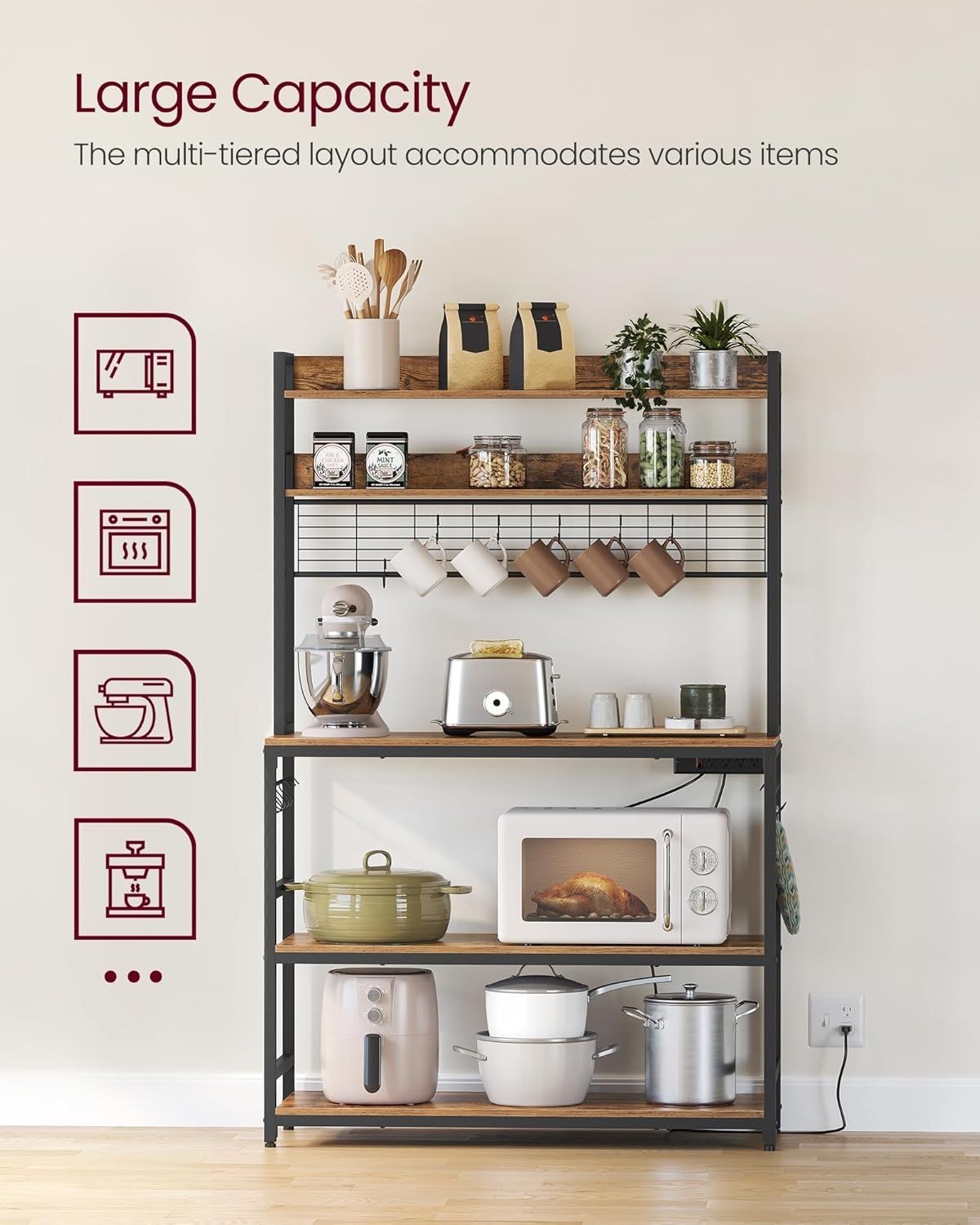 Home Rustic Brown Baker's Rack with 4 AC Outlets