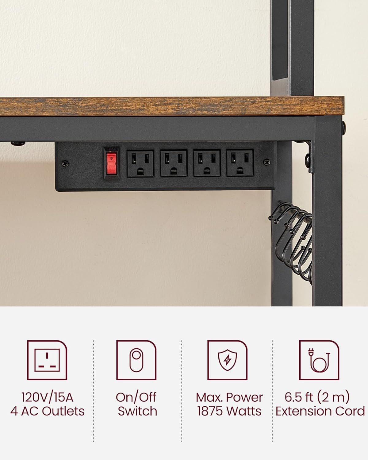 Home Rustic Brown Baker's Rack with 4 AC Outlets