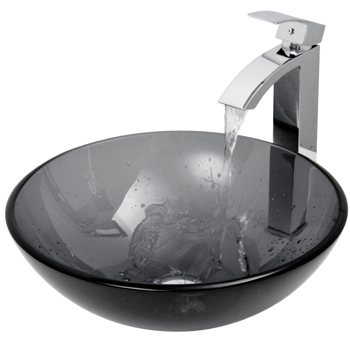 Glass Sheer Black Bathroom Sink/Basin Set with Duris Faucet and Round Vessel
