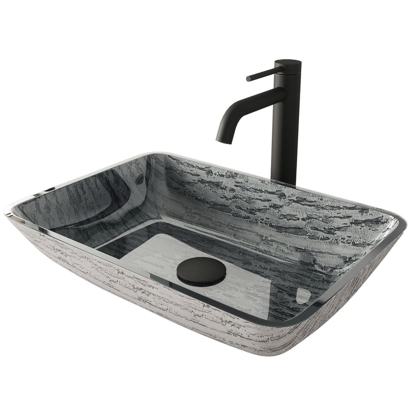 Titanium Glass Slate Grey Bathroom Sink/Basin Set with Lexington Faucet and Rectangular Vessel E5449
