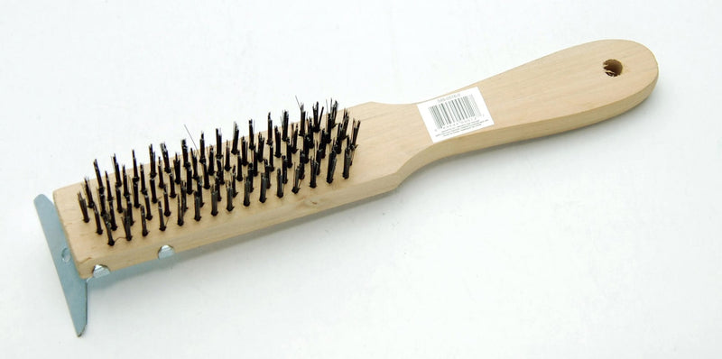 Wooden 5-Row Carbon Steel Wire Brush with Metal Scraper, Cleans/Removes Paint, Rust & Dirt Q9381